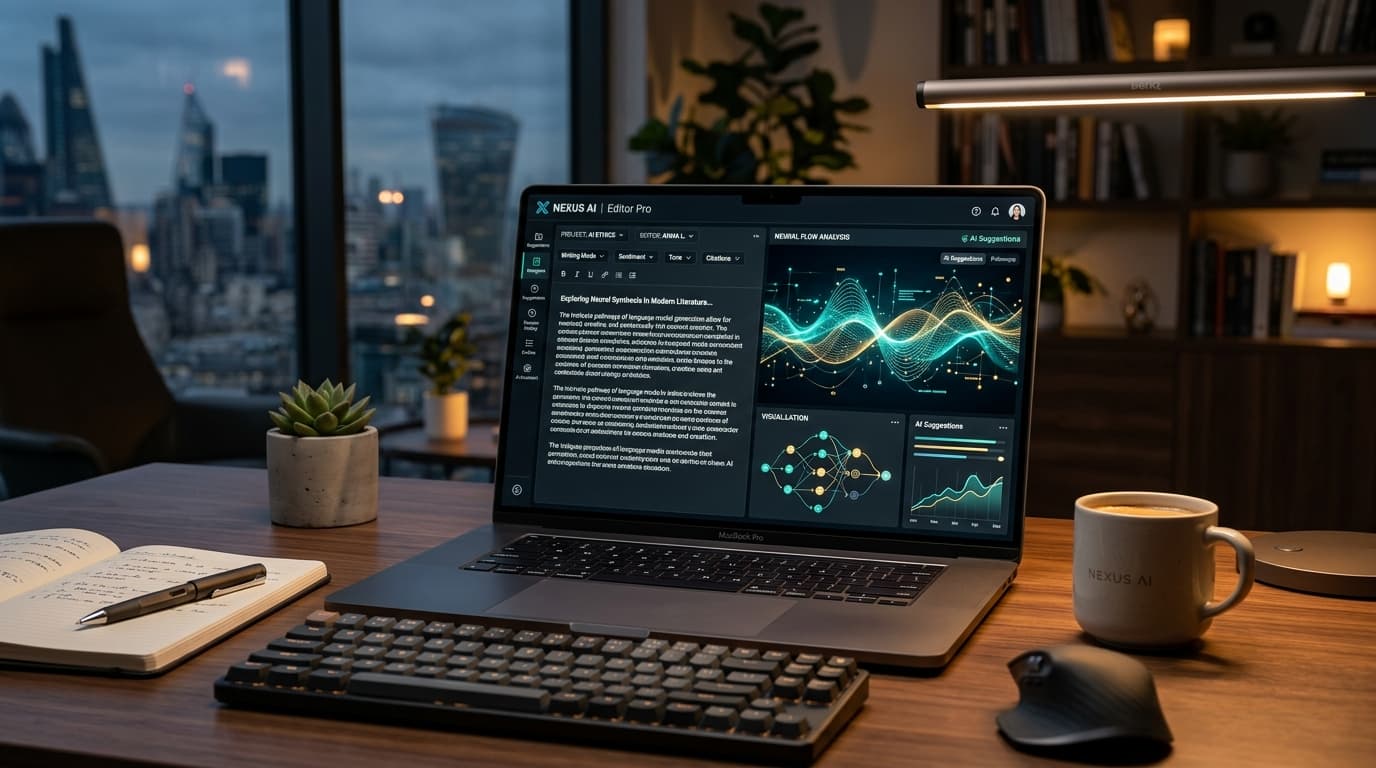 Advanced AI content generator workspace with editorial neural network dashboard
