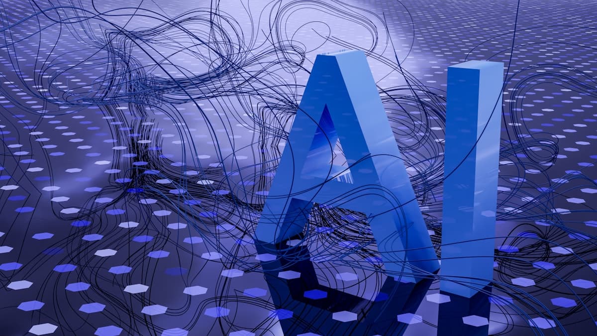 Futuristic glowing digital 3D AI letters on circuit board representing advanced generative tools