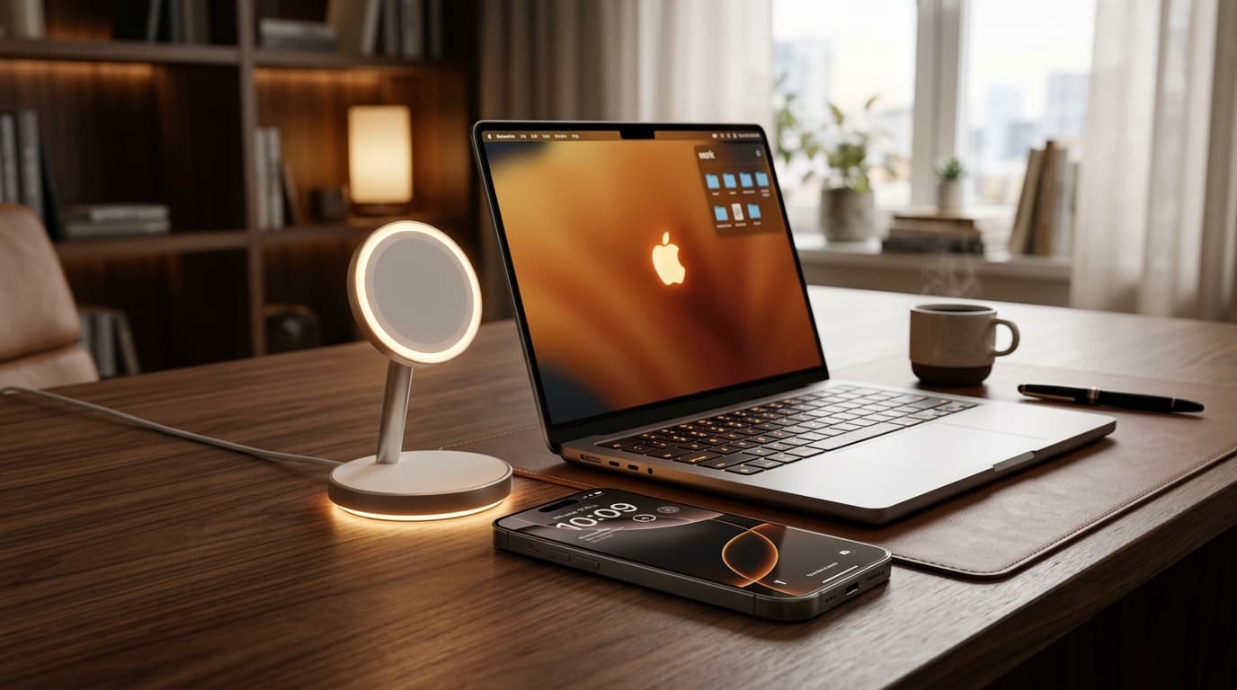 Sleek flagship iPhone beside wireless charging stand on executive office desk