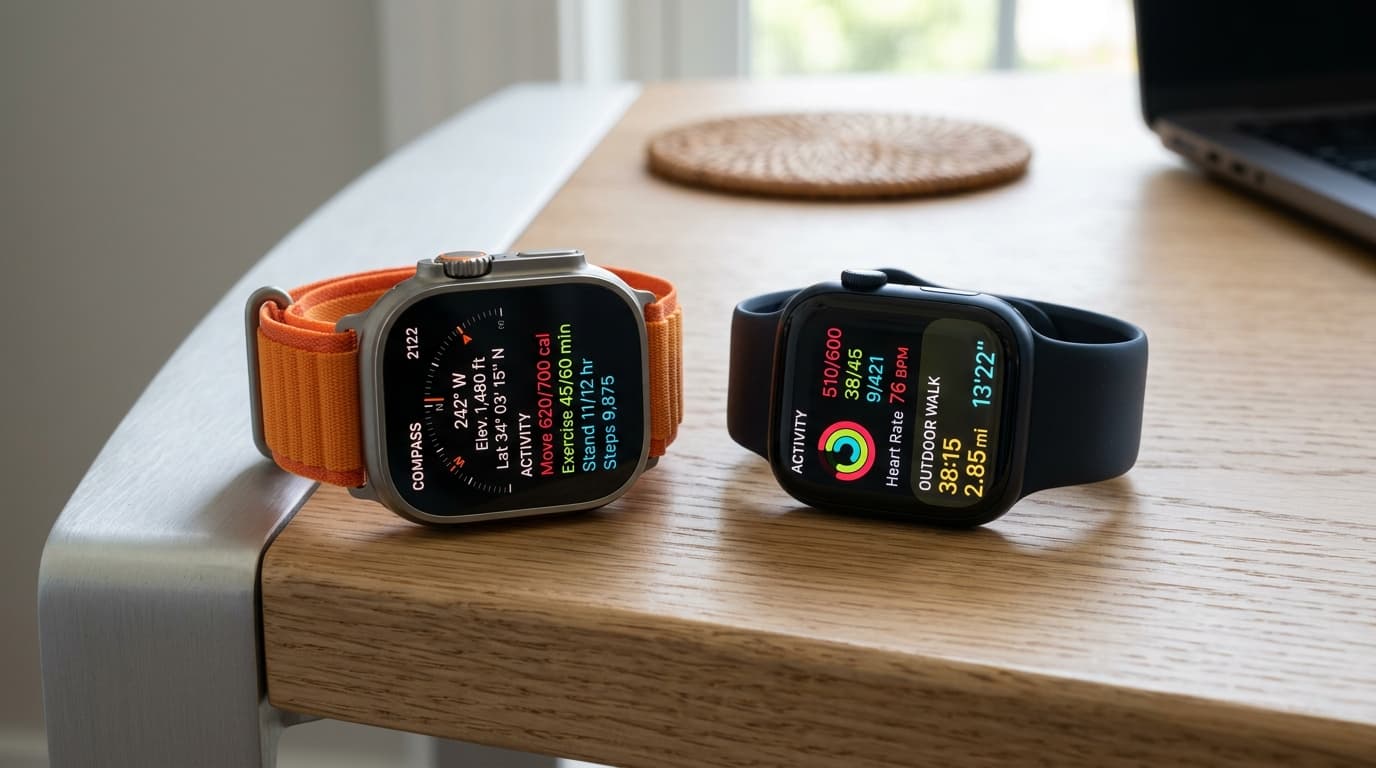 Latest Apple Watch models displayed on modern oak and aluminum desk