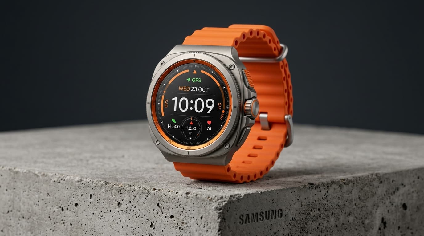 Samsung Watch Ultra rugged titanium smartwatch with orange strap
