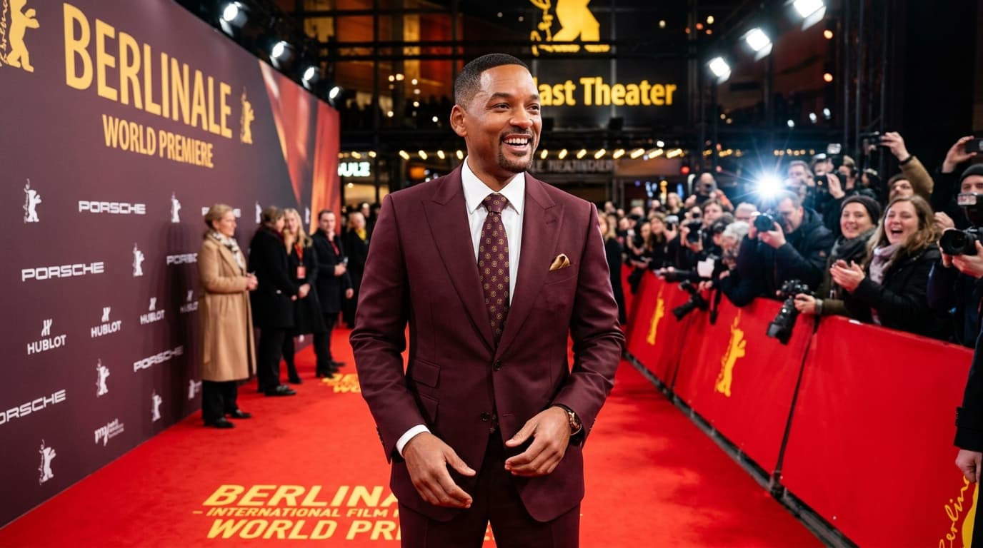 Will Smith charismatic portrait in tailored burgundy suit at Berlinale premiere