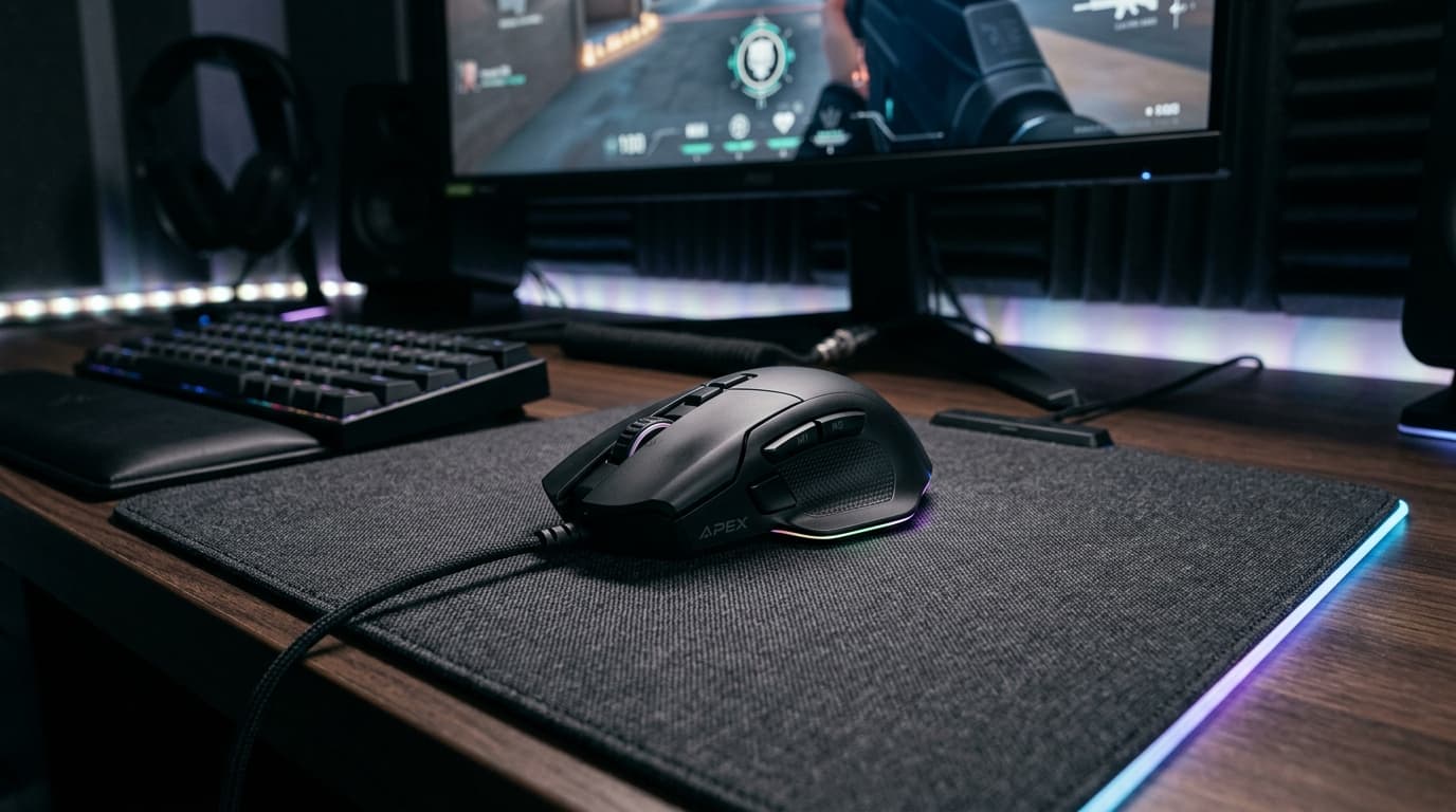 Ergonomic high-performance esports gaming mouse with subtle RGB lighting on textured desk mat
