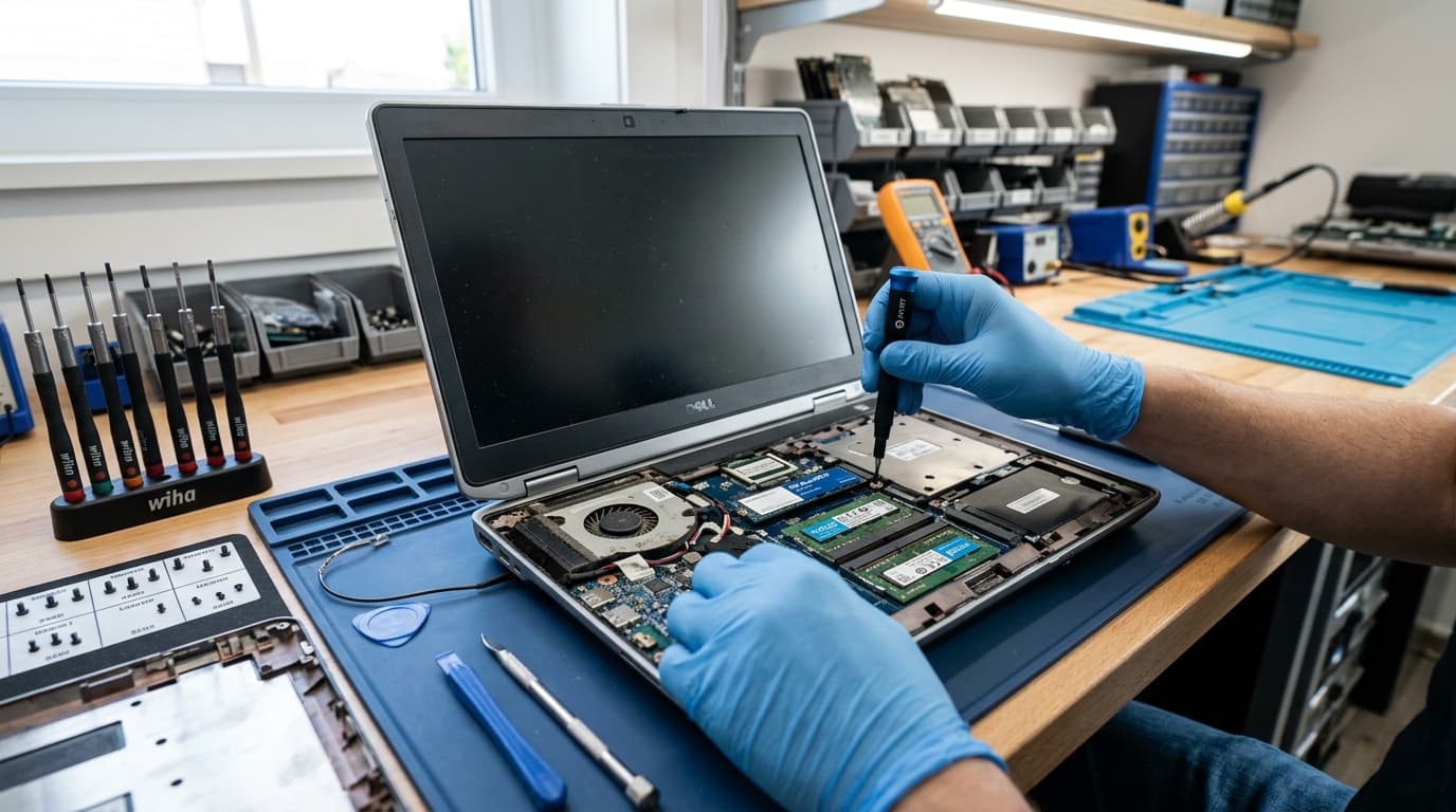 Technician bench with laptop undergoing SSD and memory upgrade
